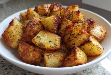 A white bowl filled with golden brown, crispy breakfast potatoes seasoned with herbs.