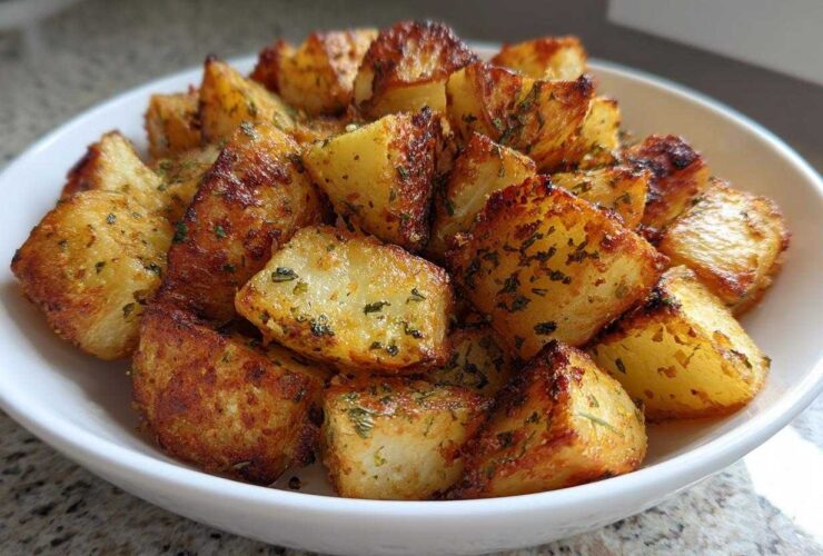 A white bowl filled with golden brown, crispy breakfast potatoes seasoned with herbs.