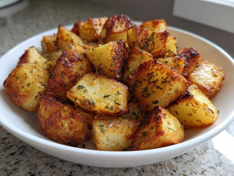 A white bowl filled with golden brown, crispy breakfast potatoes seasoned with herbs.