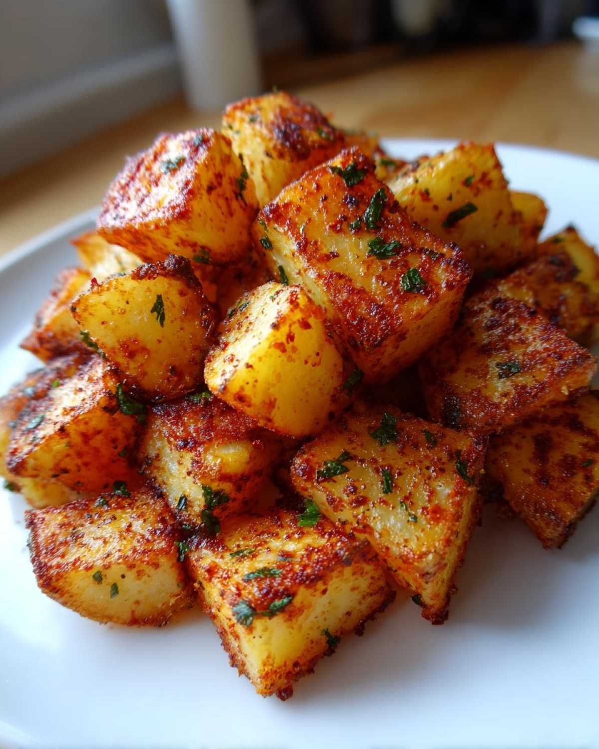 Close-up of golden brown, cubed breakfast potatoes seasoned with paprika and parsley on a white plate.