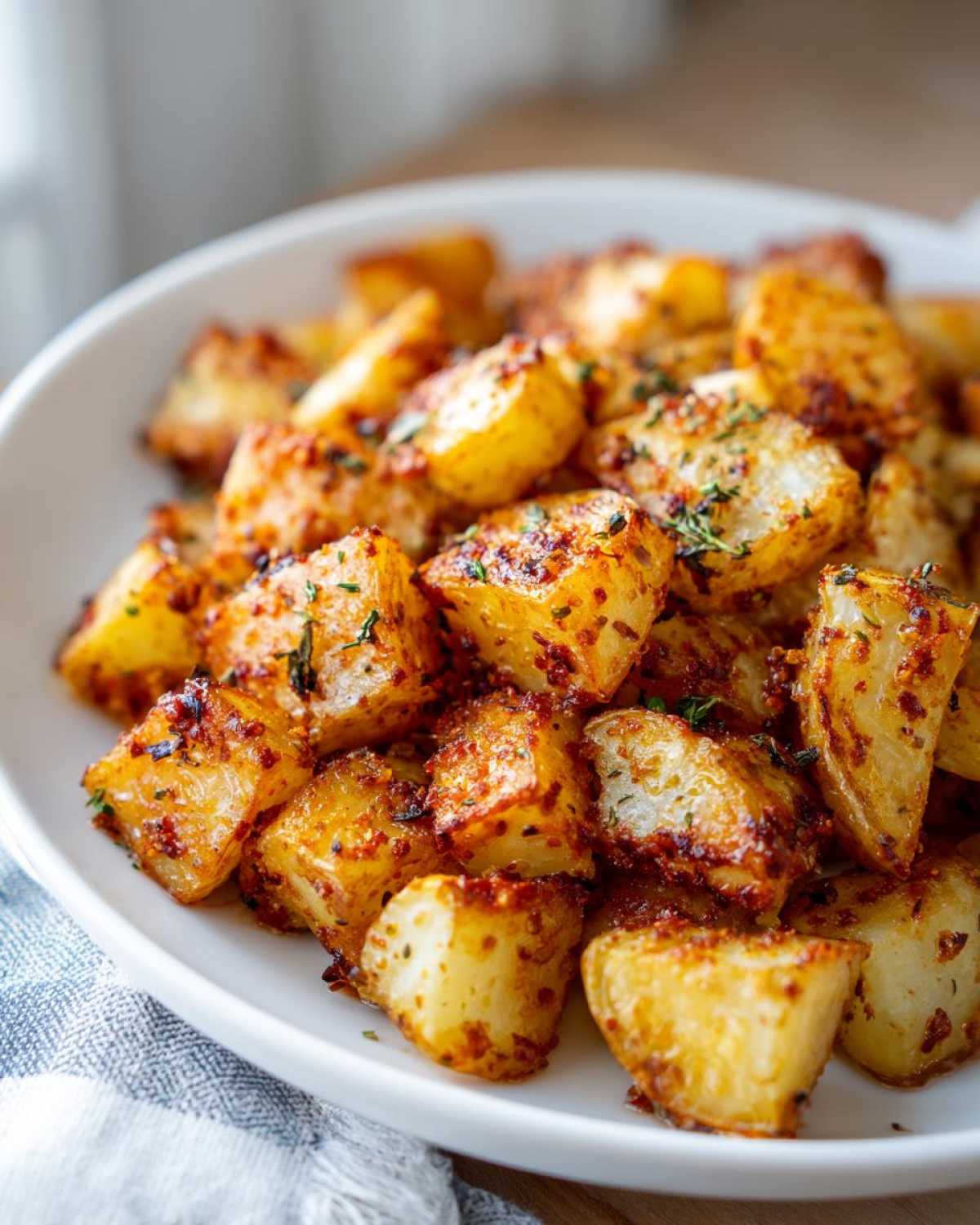 Close-up of perfectly roasted, golden brown breakfast potatoes seasoned with spices and herbs.