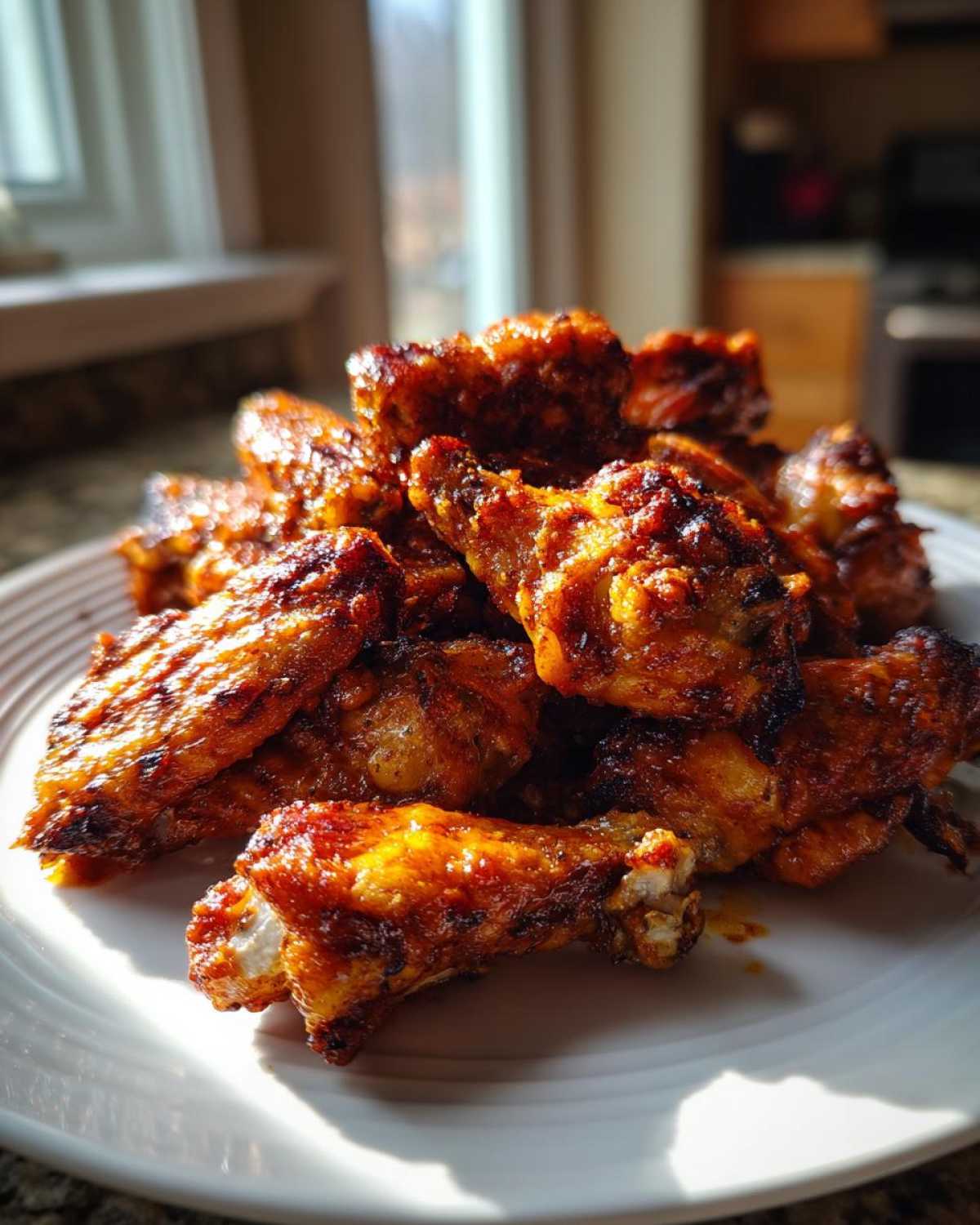 A pile of perfectly crispy, glazed chicken wings resting on a white plate under bright sunlight.