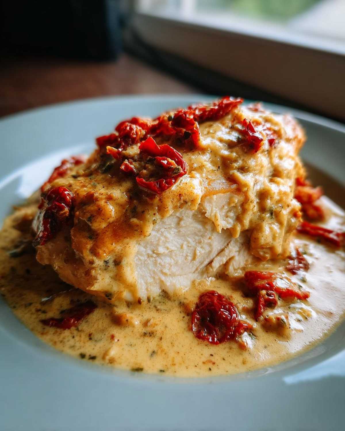 Close-up of a juicy piece of crockpot marry me chicken cut open, covered in creamy sauce and sun-dried tomatoes.