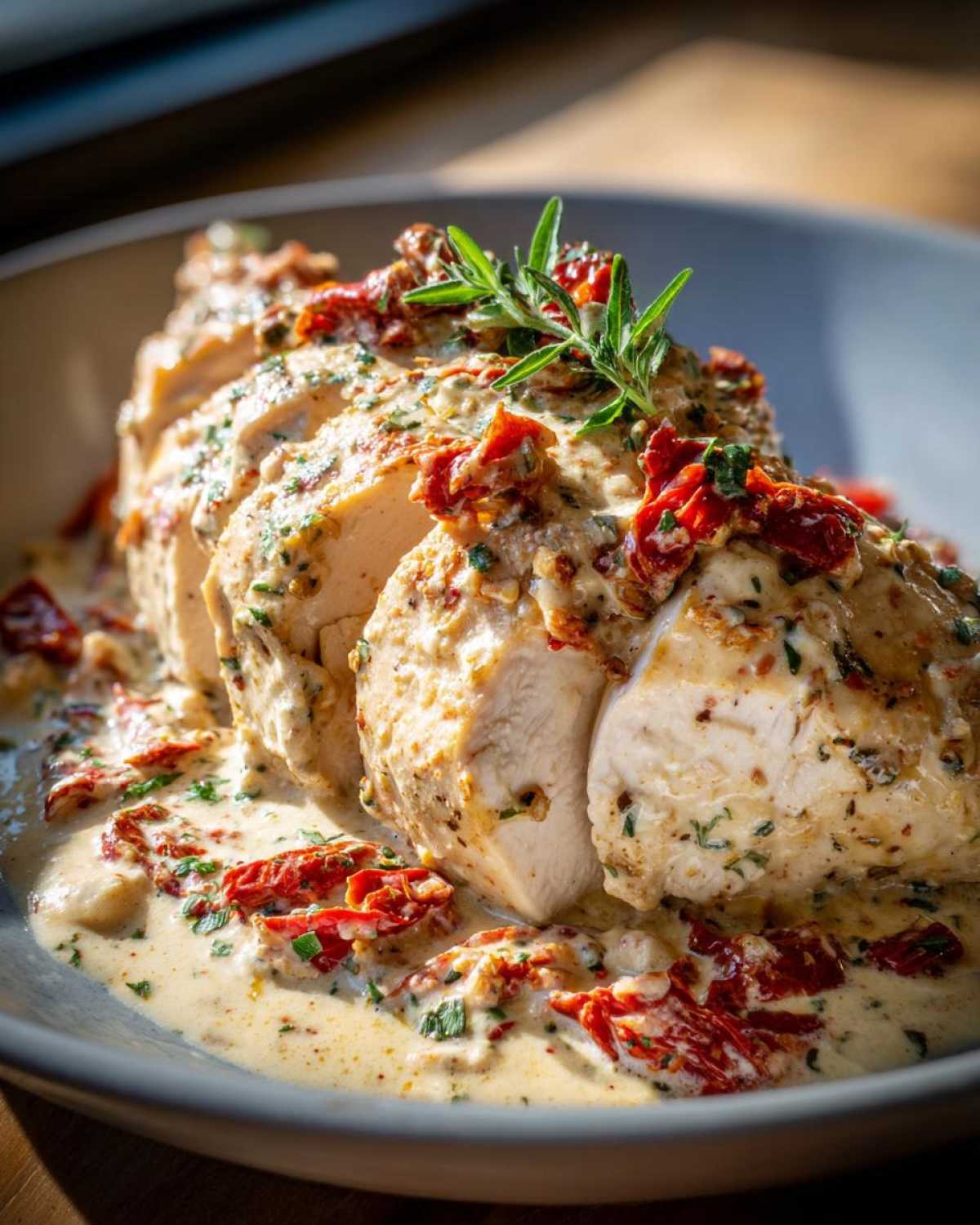 Close-up of sliced crockpot marry me chicken smothered in creamy sun-dried tomato sauce and garnished with rosemary.