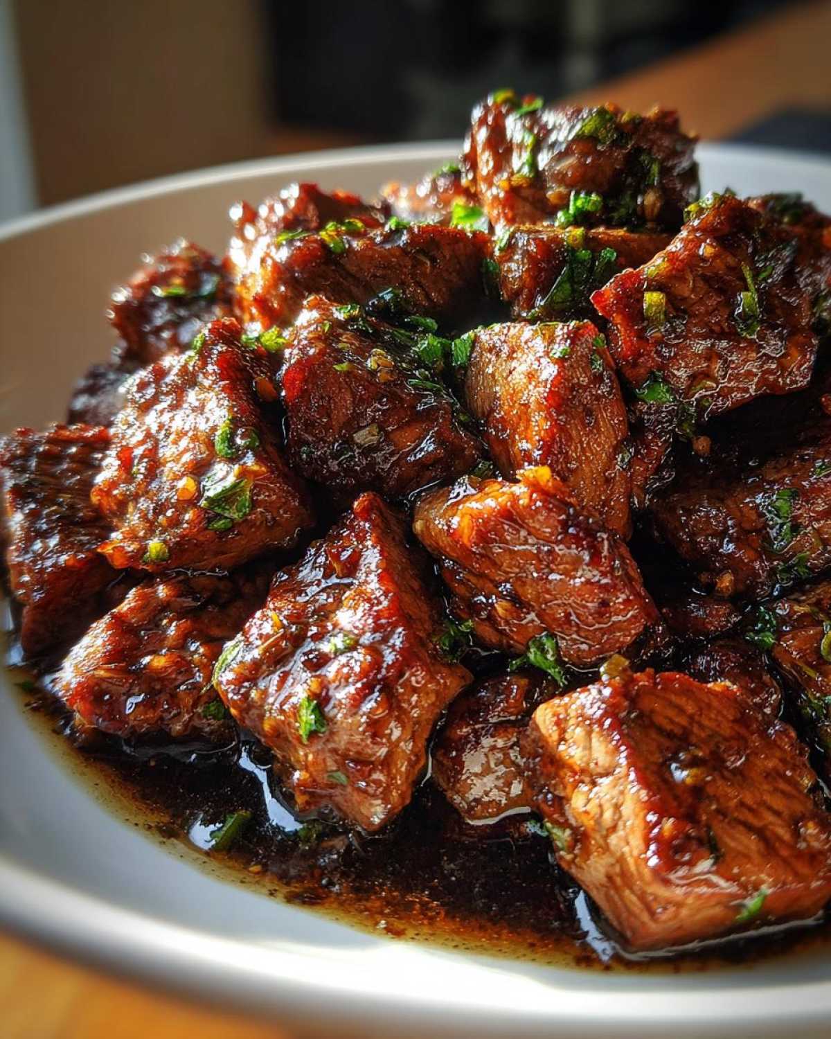 Close-up of tender, glazed chunks of crockpot steak coated in a dark, savory sauce and sprinkled with fresh green herbs.