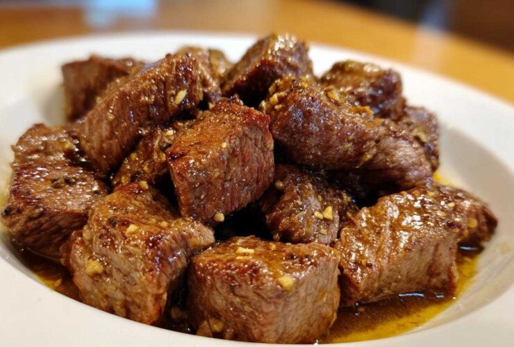 Close-up of tender, glazed cubes of crockpot steak served in a white bowl with garlic bits.