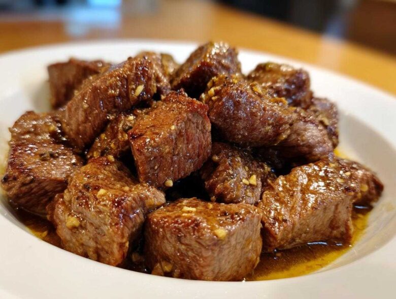 Close-up of tender, glazed cubes of crockpot steak served in a white bowl with garlic bits.
