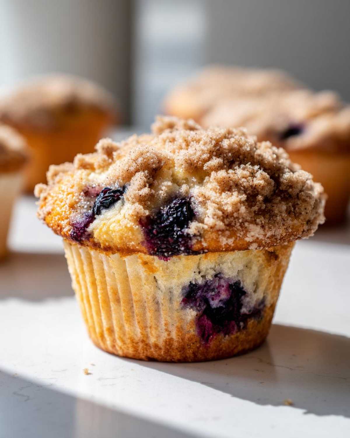 A close-up, sunlit image of a single blueberry muffin topped with a generous layer of cinnamon streusel topping.