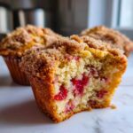 Cross-section view of a crumb-topped strawberry muffin showing moist cake and bright red strawberry pieces inside.