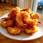 A close-up of golden brown, extra-crunchy fried shrimp piled high on a white plate.