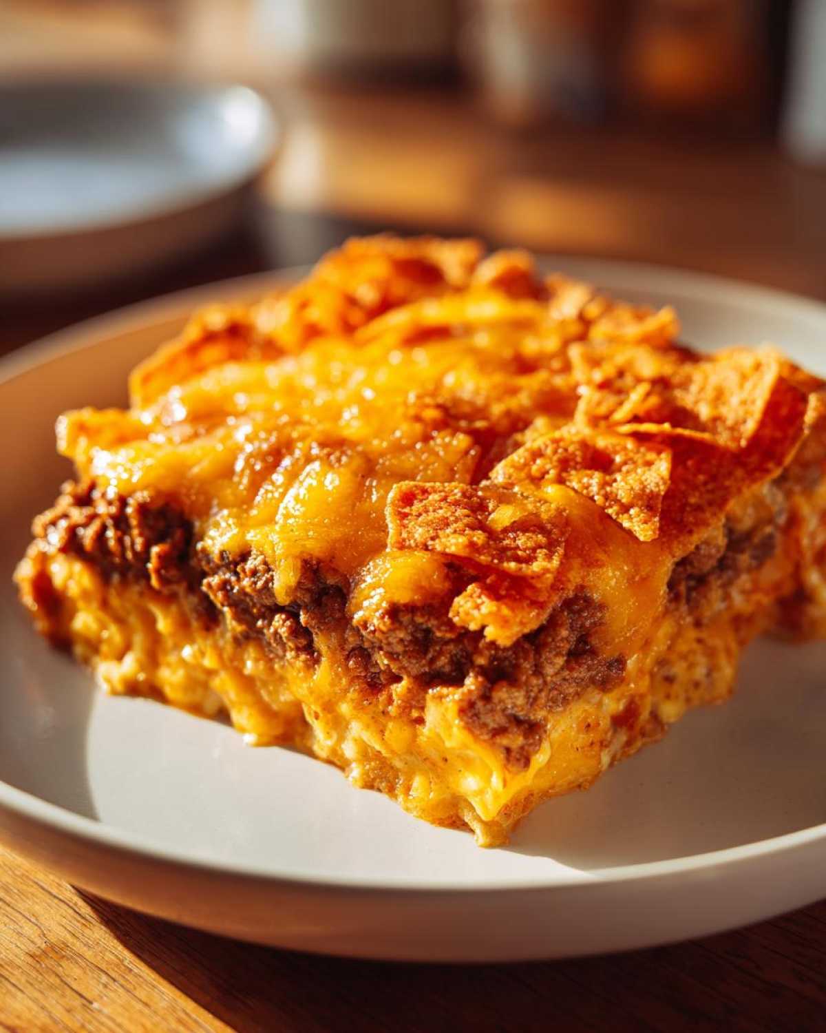 A close-up, golden-lit slice of Dorito Casserole featuring ground meat, melted cheese, and crunchy chip topping.