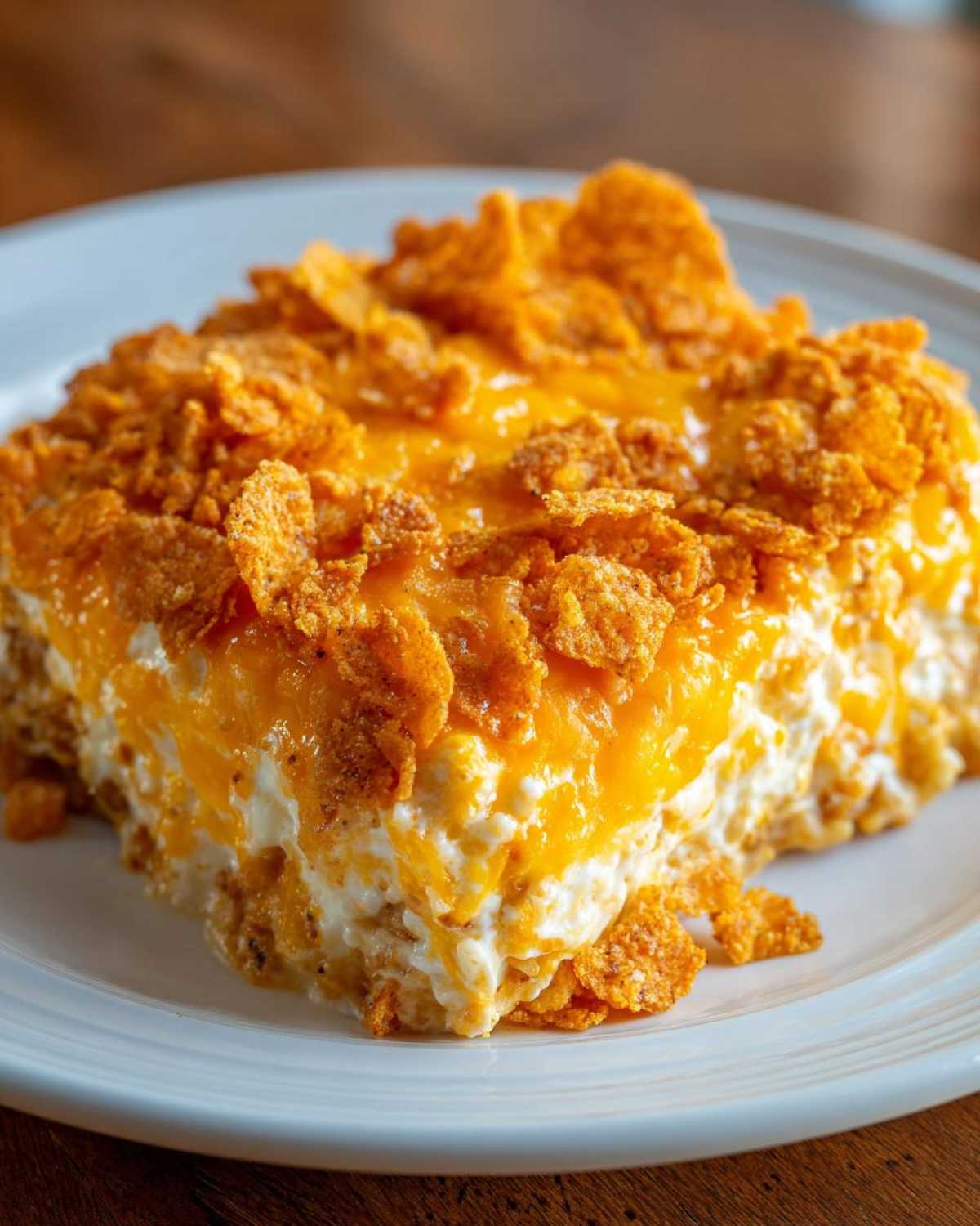 A close-up of a square slice of Dorito Casserole featuring creamy layers, melted cheddar cheese, and a crunchy topping of crushed chips.