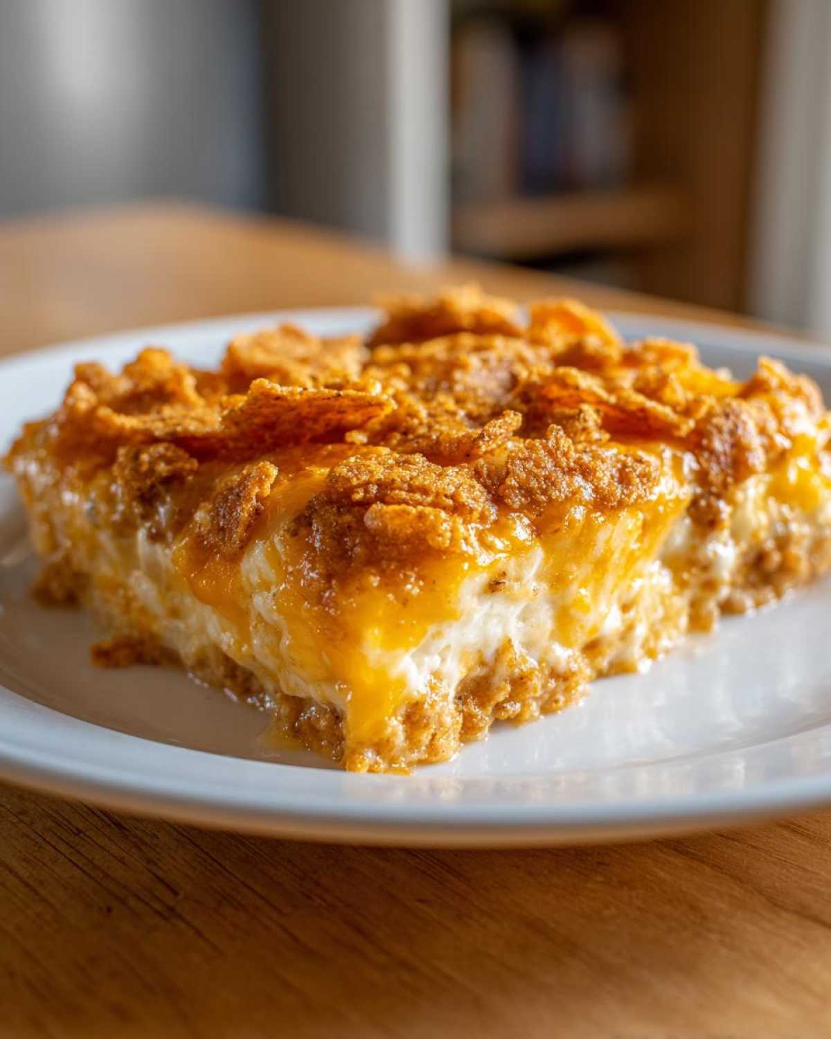 A close-up of a square slice of Dorito Casserole, showing creamy filling, melted cheese, and a crunchy chip topping.