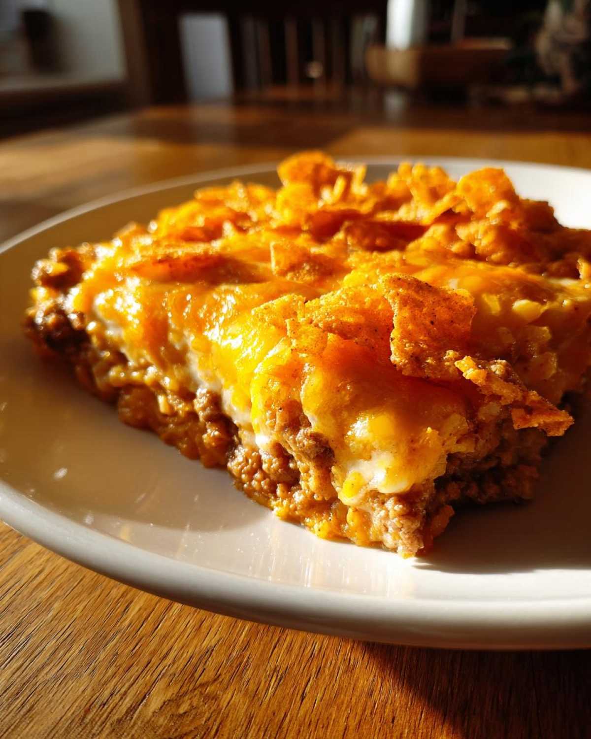 A close-up slice of rich Dorito Casserole topped with melted cheese and crunchy chips.