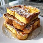 A tall stack of golden brown easy french toast slices dusted with powdered sugar on a white plate.
