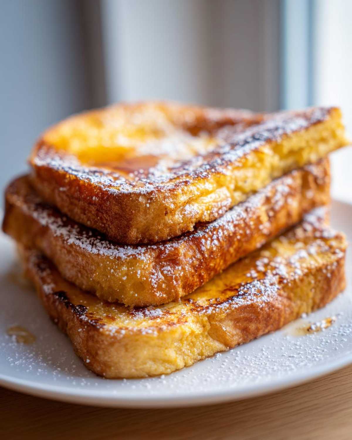 A close-up stack of three slices of golden brown easy french toast, topped with powdered sugar and syrup.