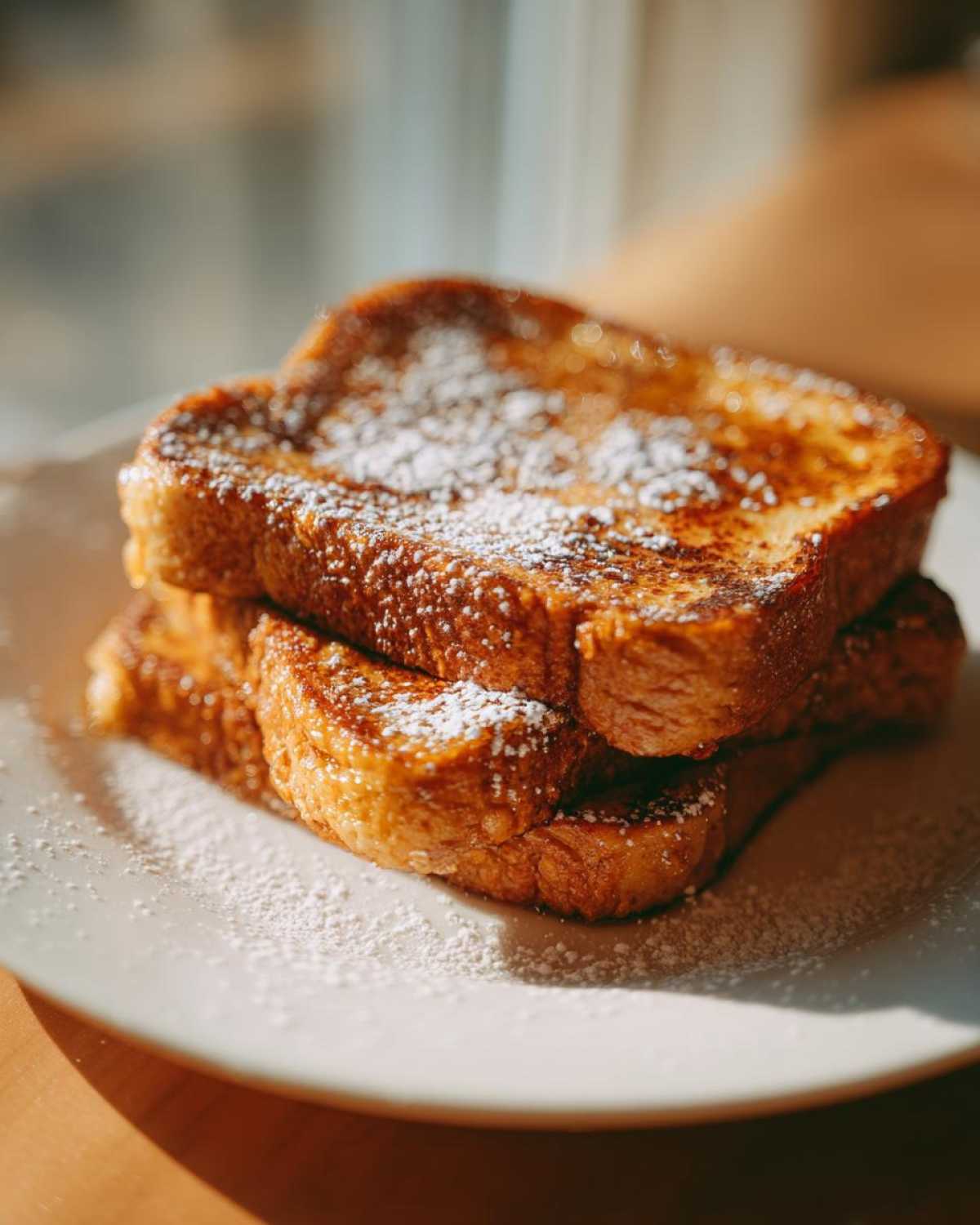 A stack of golden brown easy french toast dusted generously with powdered sugar on a white plate.