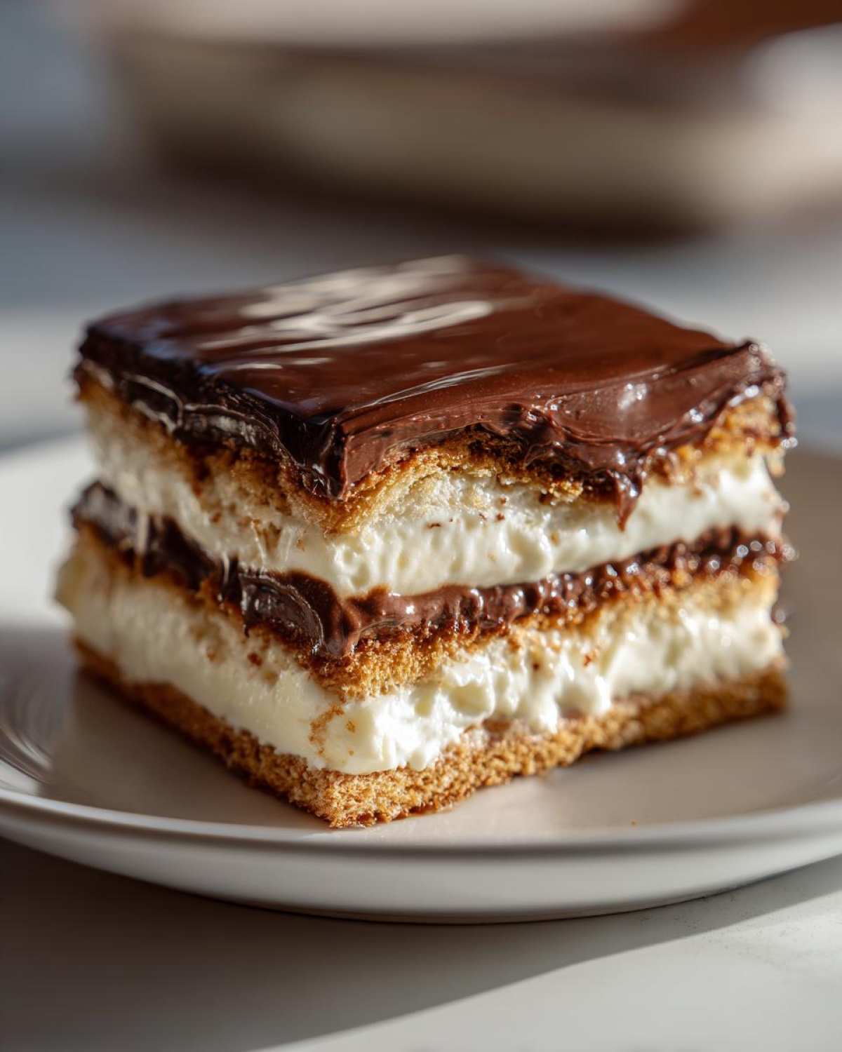Close-up of a layered eclair cake slice with creamy filling and shiny chocolate frosting.