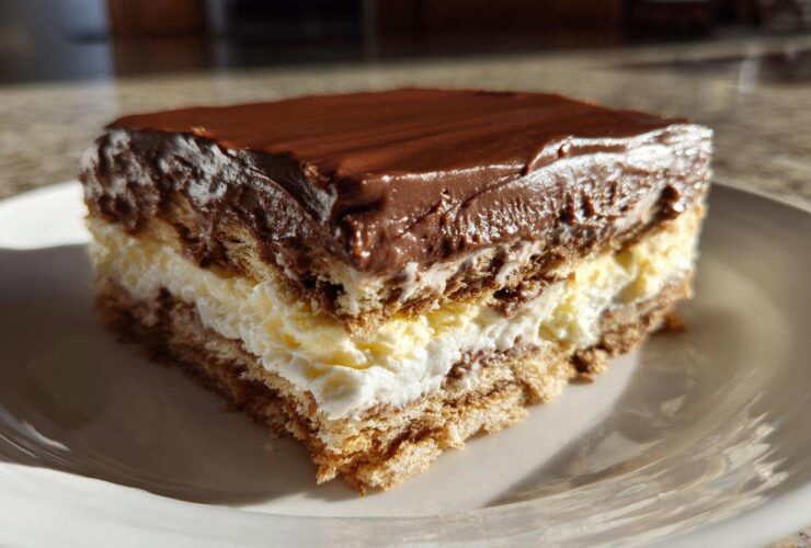 A square slice of layered eclair cake featuring graham crackers, vanilla cream, whipped topping, and chocolate ganache.