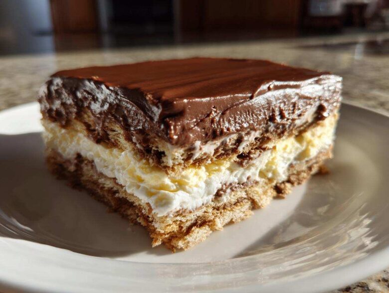 A square slice of layered eclair cake featuring graham crackers, vanilla cream, whipped topping, and chocolate ganache.