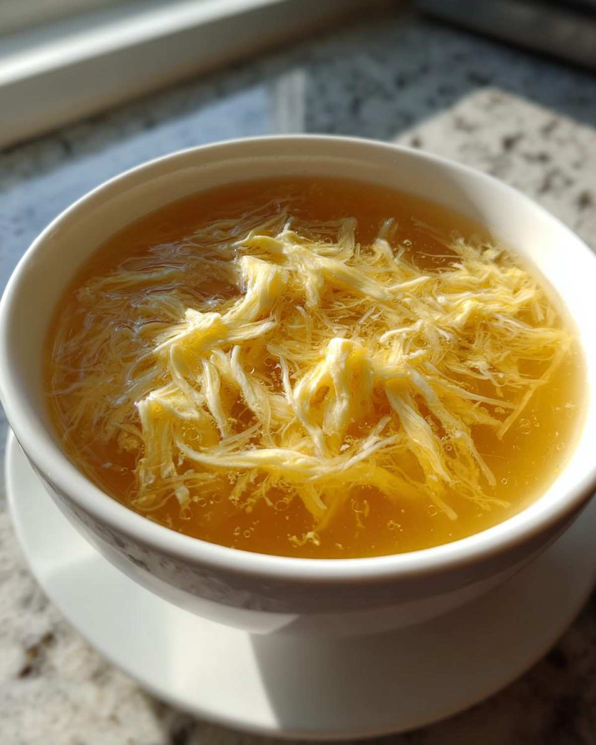 A close-up of a white bowl filled with hot, savory broth and delicate strands of egg drop soup.