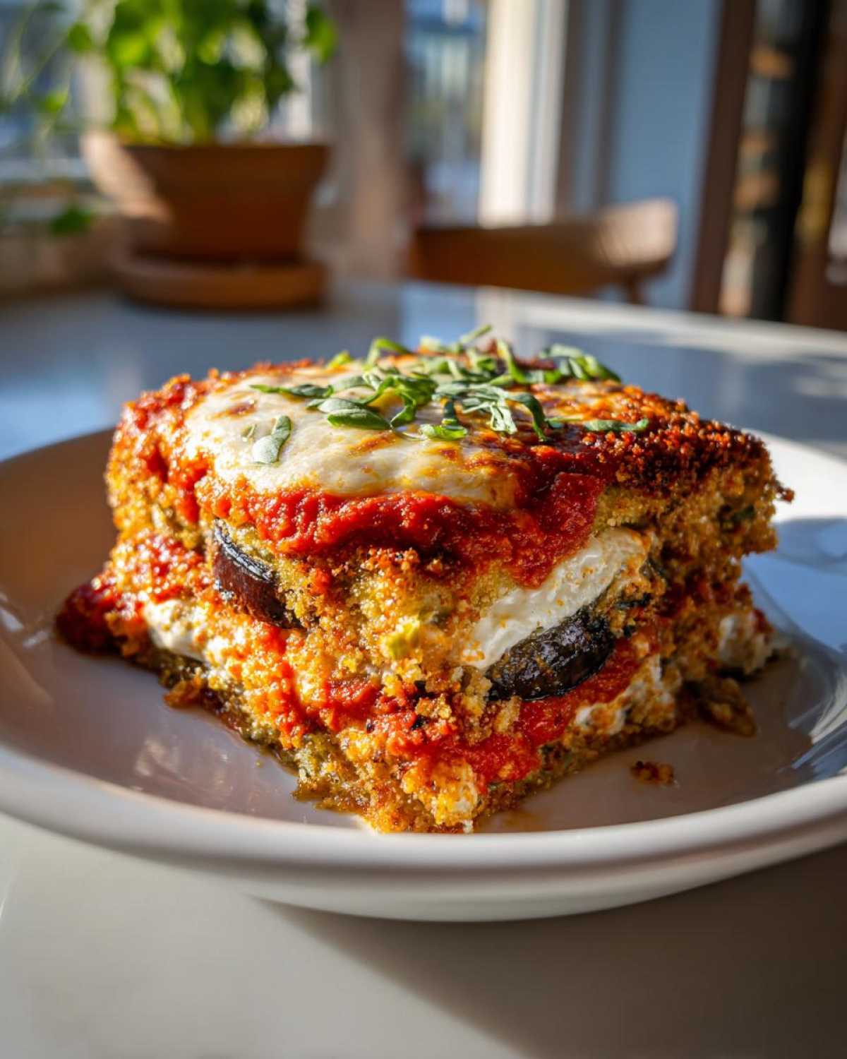 A thick, layered slice of baked eggplant parmesan topped with marinara sauce and melted mozzarella.