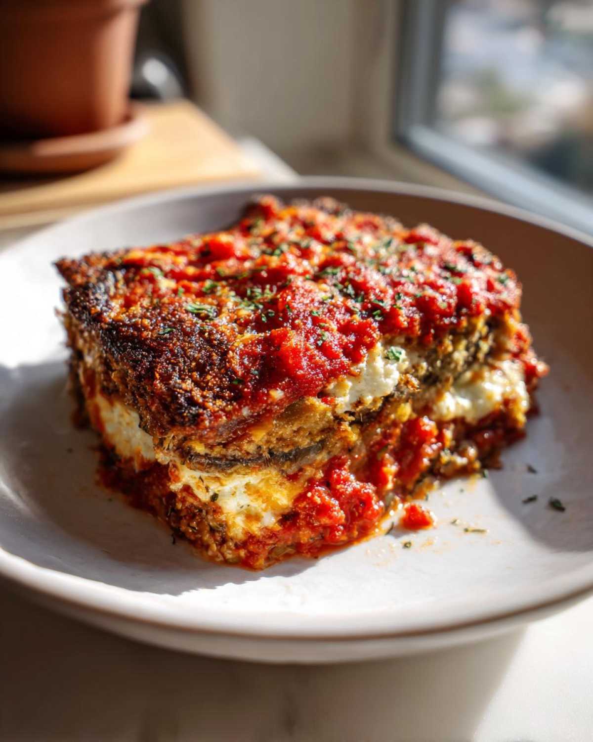 A thick, layered slice of baked eggplant parmesan topped with rich tomato sauce and herbs.