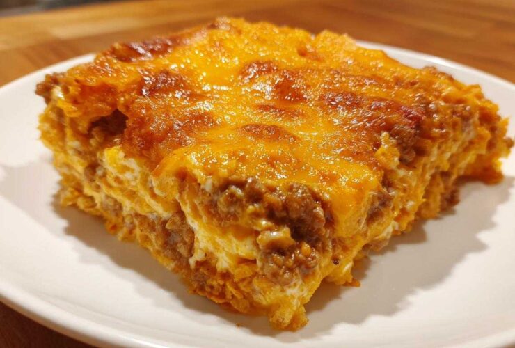 A close-up, featured image of a thick slice of Dorito Casserole with a browned, melted cheese topping.