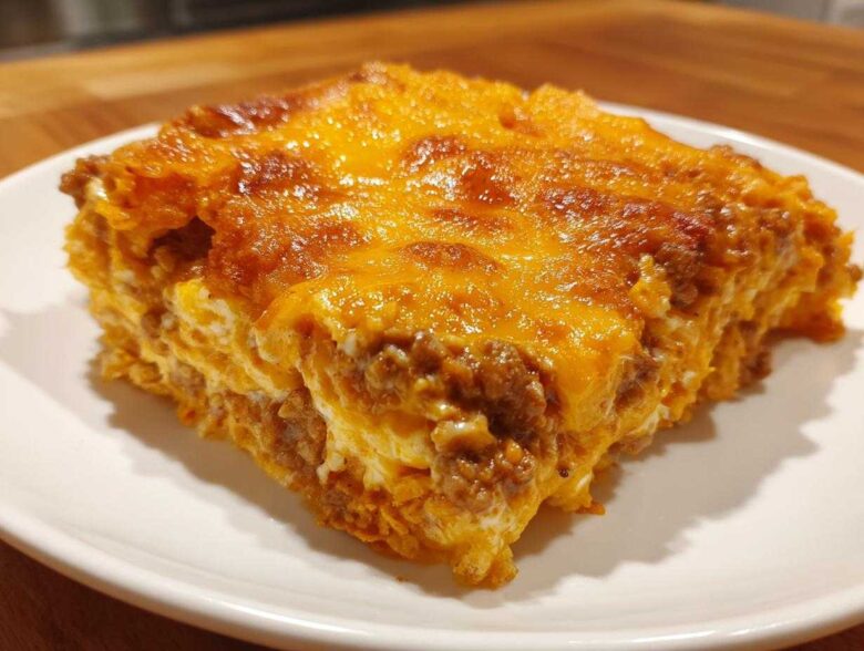 A close-up, featured image of a thick slice of Dorito Casserole with a browned, melted cheese topping.