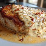 Close-up of a pan-seared chicken breast smothered in creamy sun-dried tomato sauce, the signature Marry Me Chicken.