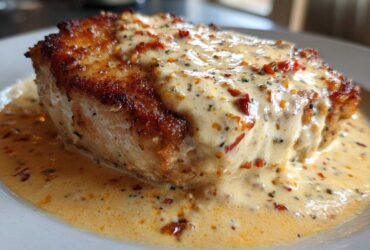 Close-up of a pan-seared chicken breast smothered in creamy sun-dried tomato sauce, the signature Marry Me Chicken.