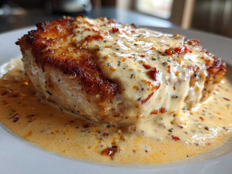 Close-up of a pan-seared chicken breast smothered in creamy sun-dried tomato sauce, the signature Marry Me Chicken.