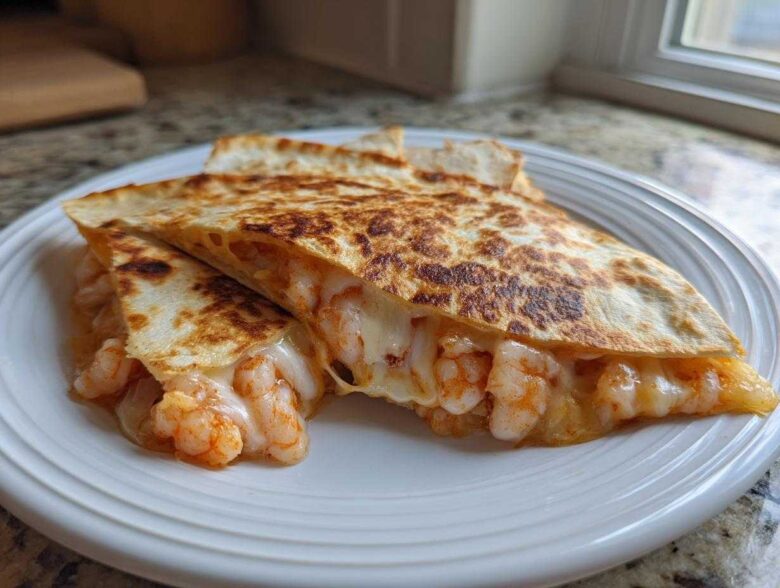 Close-up of a perfectly grilled shrimp quesadilla cut into wedges, showing melted cheese and seasoned shrimp spilling out.