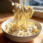 A fork lifts fettuccine coated in rich, creamy homemade alfredo sauce from a white bowl.