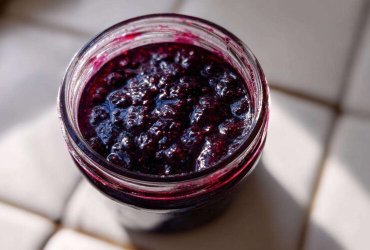 Overhead view of thick, dark purple elderberry syrup recipe mixture inside a clear glass jar, glistening in the sunlight.