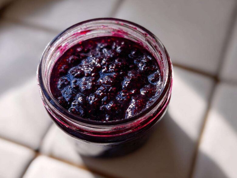 Overhead view of thick, dark purple elderberry syrup recipe mixture inside a clear glass jar, glistening in the sunlight.