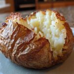 Close-up of a perfectly cooked air fryer baked potato, split open to show fluffy white interior and crispy brown skin.