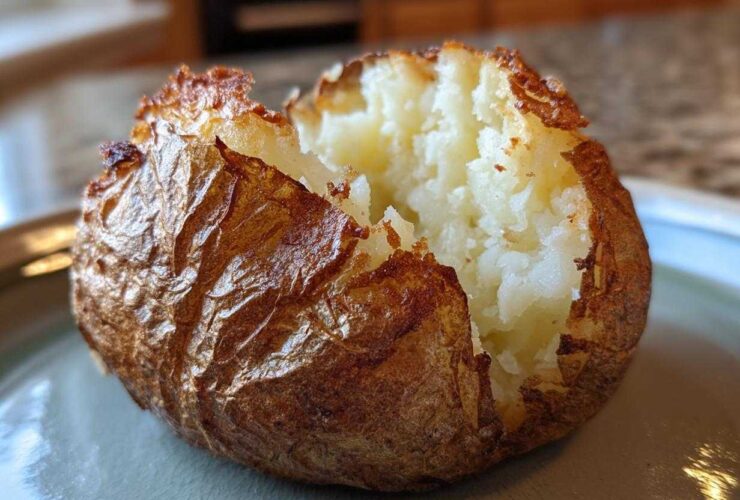 Close-up of a perfectly cooked air fryer baked potato, split open to show fluffy white interior and crispy brown skin.
