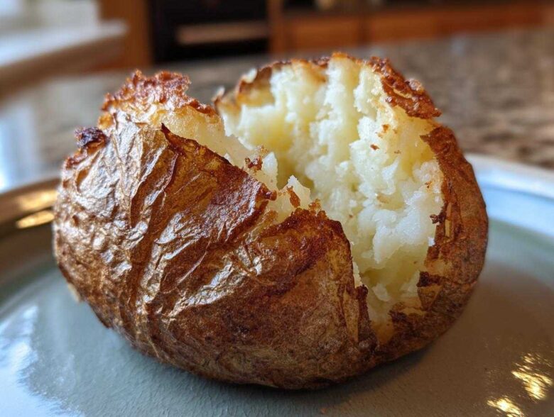 Close-up of a perfectly cooked air fryer baked potato, split open to show fluffy white interior and crispy brown skin.