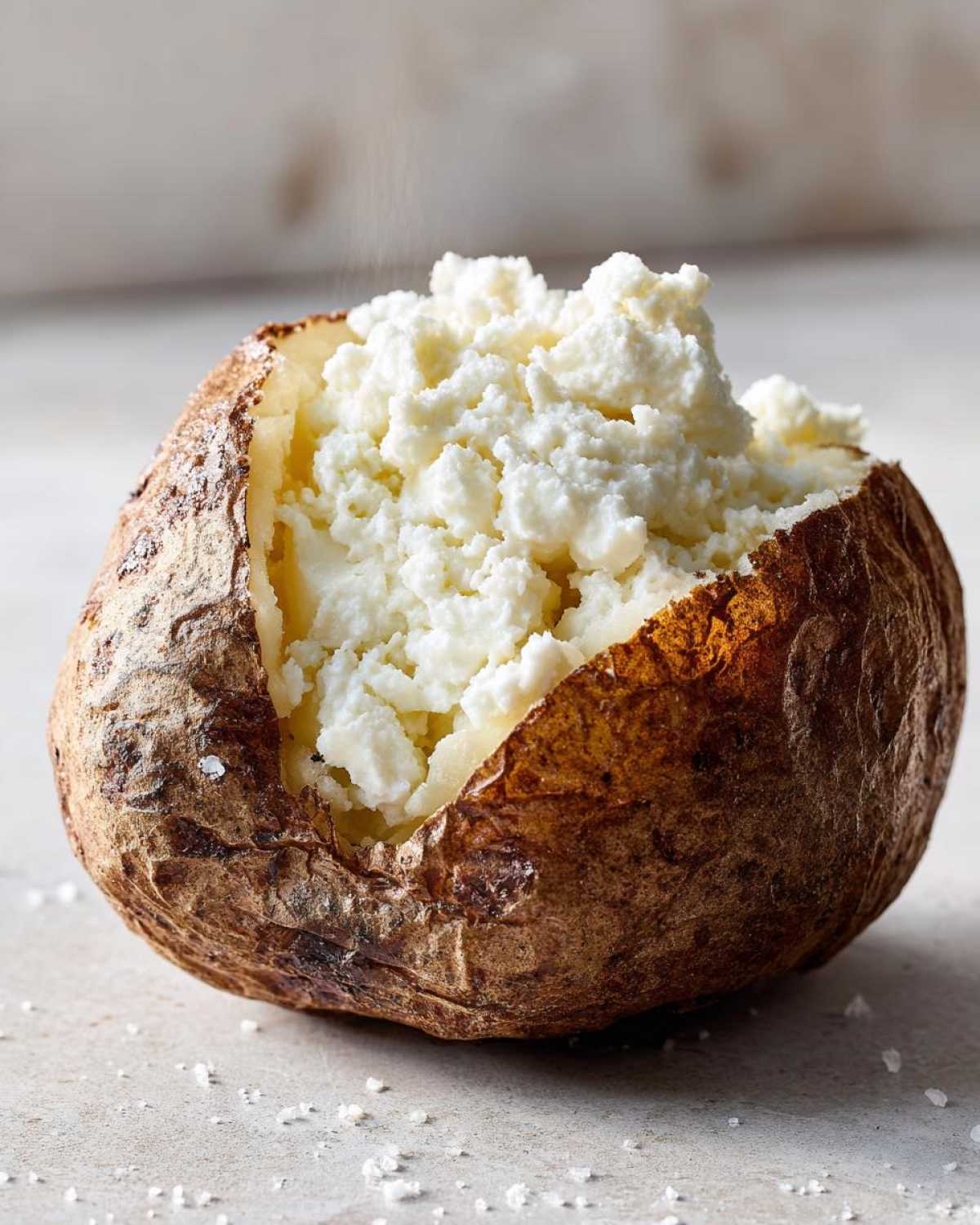 Close-up of a perfectly cooked air fryer baked potato split open and generously filled with cottage cheese.