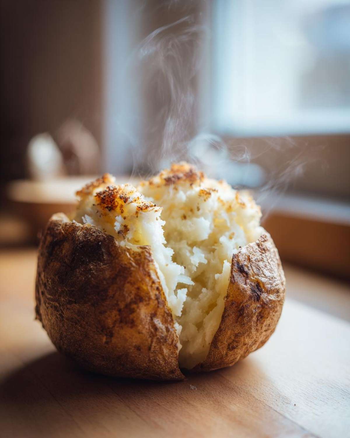A close-up of a hot, fluffy air fryer baked potato, split open with steam rising from the seasoned interior.