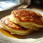 A close-up of a stack of three fluffy almond flour pancakes drizzled with maple syrup on a light plate.