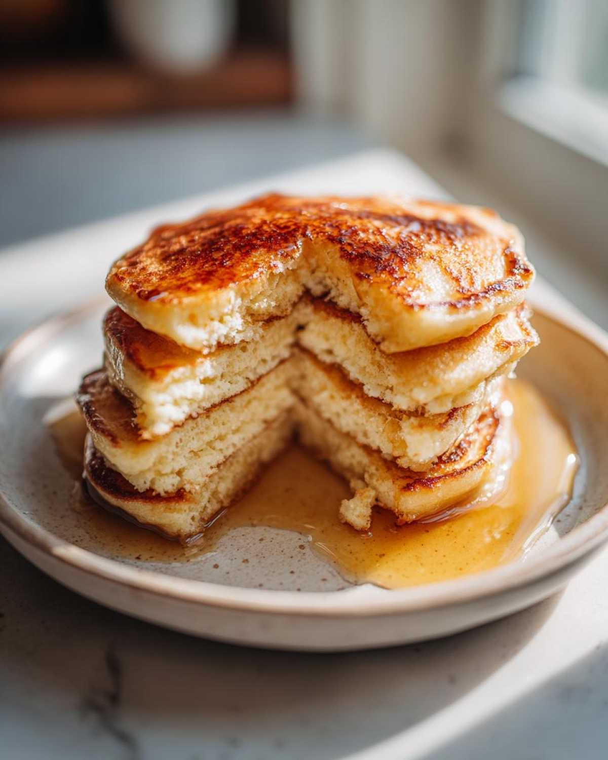 A tall stack of fluffy almond flour pancakes, cut to show the interior texture, drizzled with syrup.