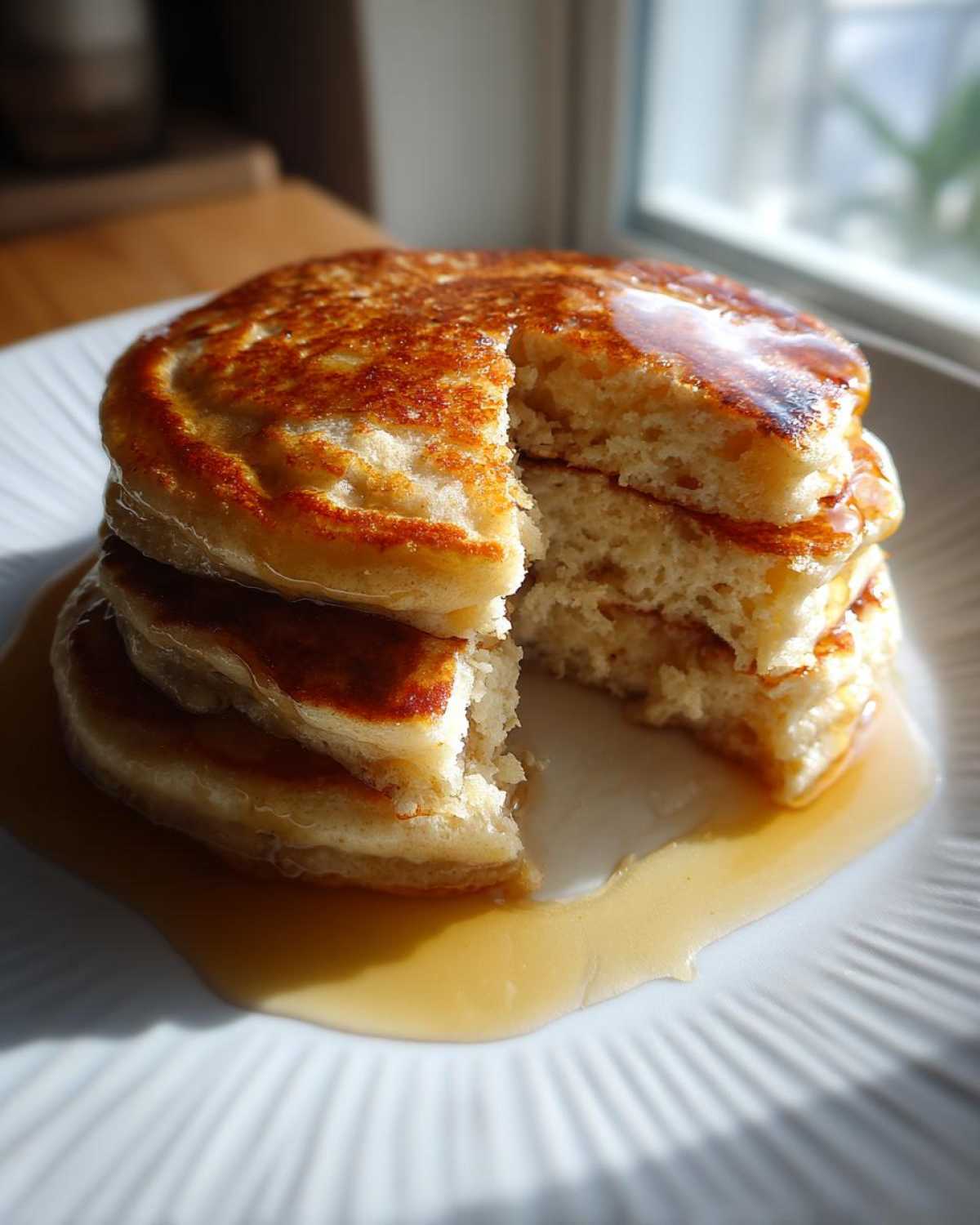A fluffy stack of three almond flour pancakes, drizzled with syrup, with a piece cut out to show the texture.