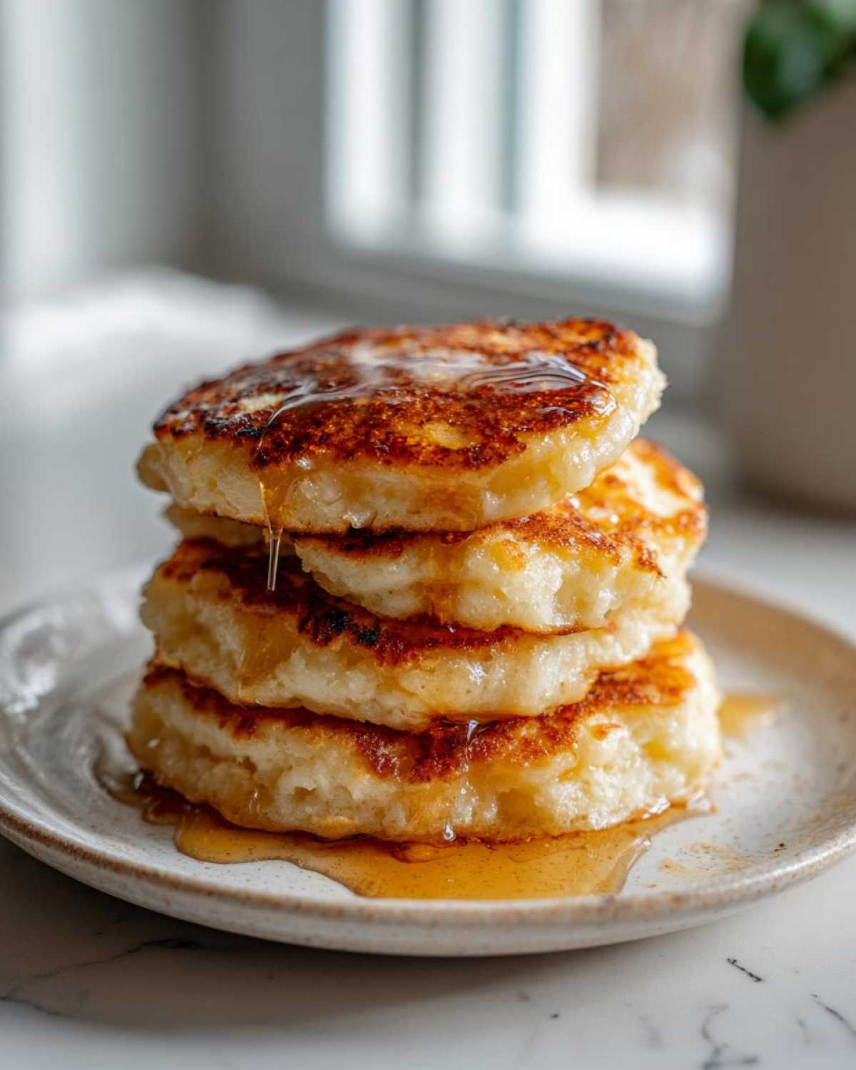 A stack of four fluffy almond flour pancakes drizzled generously with golden syrup.