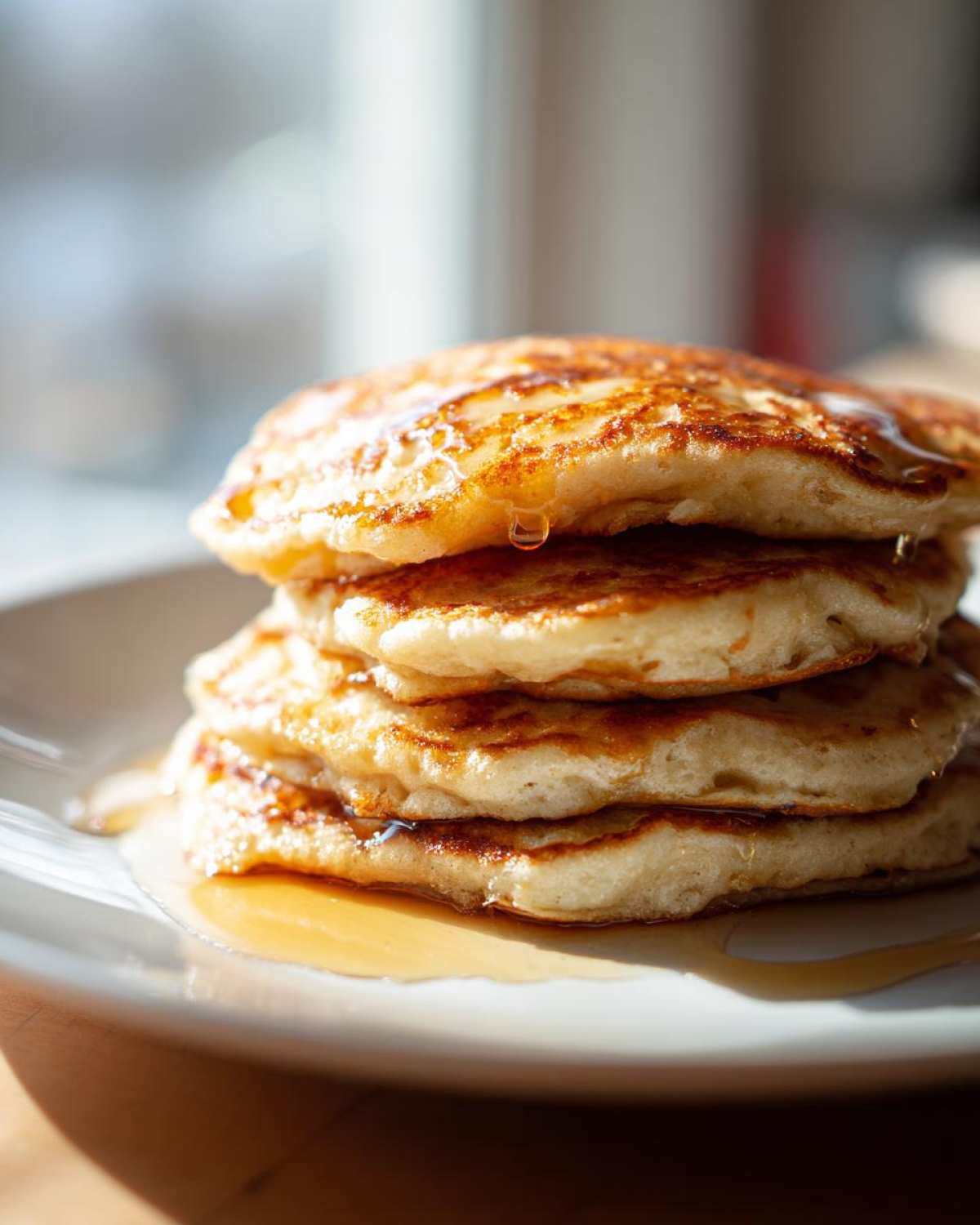 A close-up stack of four fluffy almond flour pancakes drizzled generously with syrup.