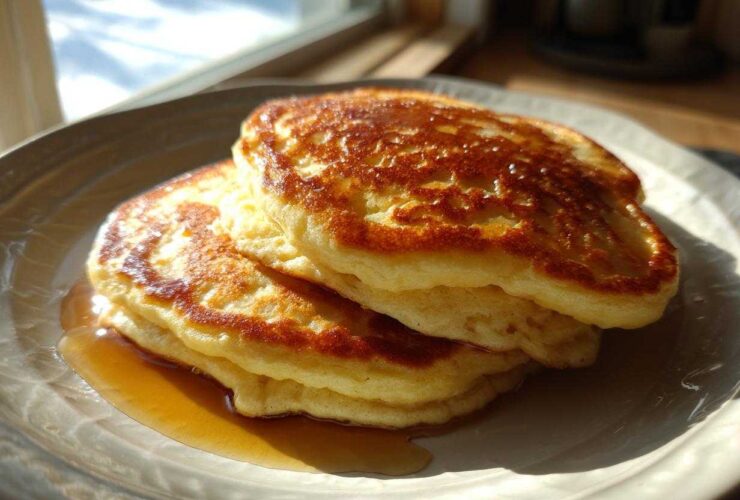 A close-up of a stack of three fluffy almond flour pancakes drizzled with maple syrup on a light plate.