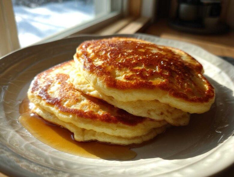 A close-up of a stack of three fluffy almond flour pancakes drizzled with maple syrup on a light plate.