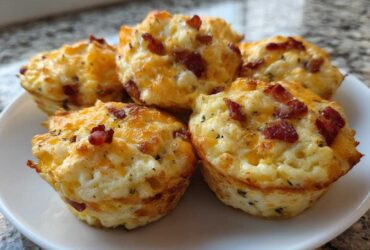 A close-up view of several fluffy bacon and cheese egg bites served on a white plate.