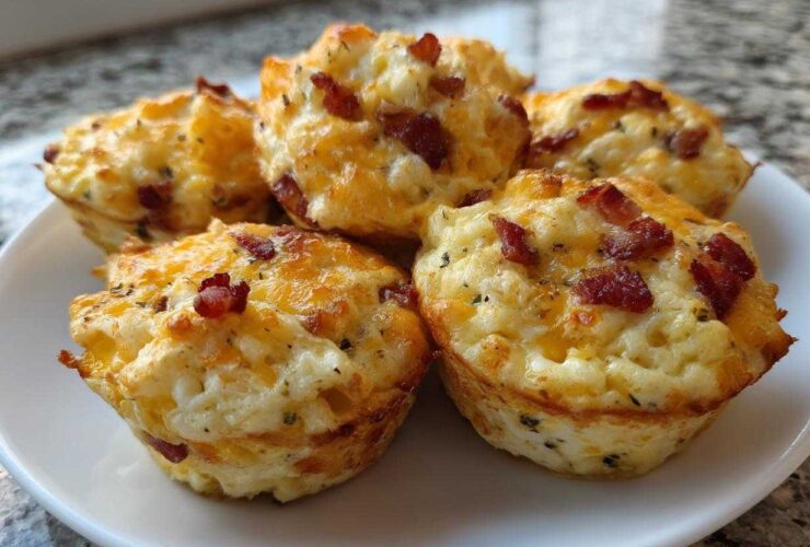 A close-up view of several fluffy bacon and cheese egg bites served on a white plate.